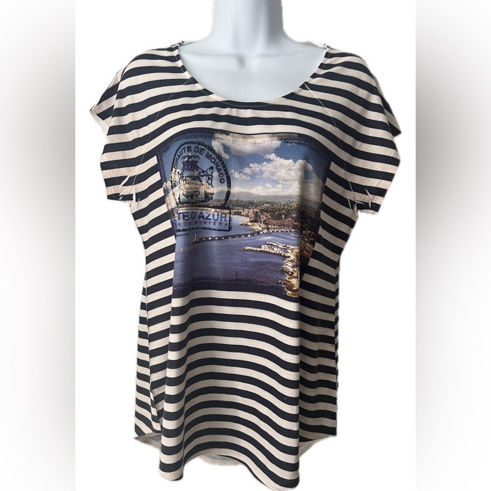 LYNN RYAN Women’s Size S Striped Tunic Top Navy White Cote D’Azur Stud Front